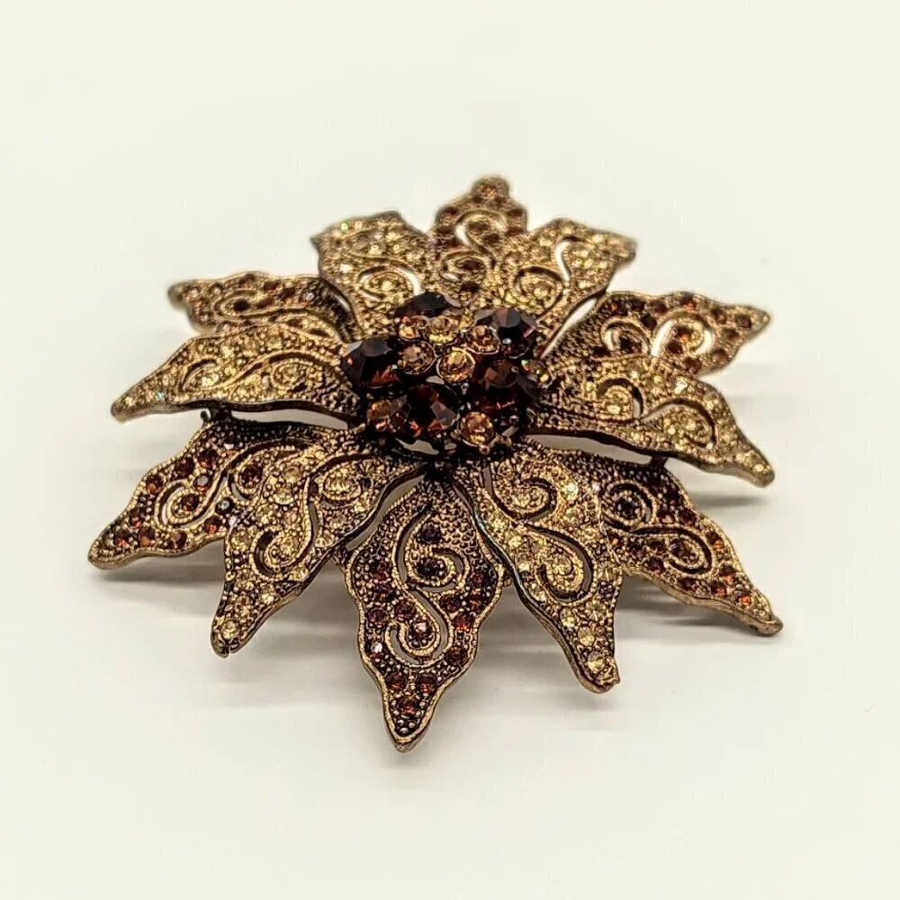Vintage Tasha Golden Crystal Filigree Flower Pin Brooch